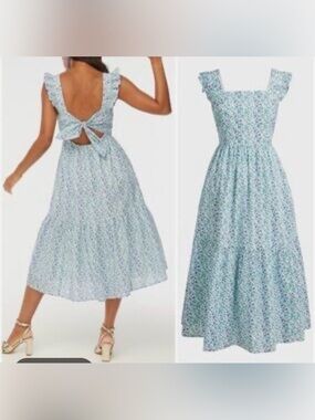 J.Crew Cotton Floral Square Neck Ruffle Sleeves Tie Back Tiered Midi Dress 4P